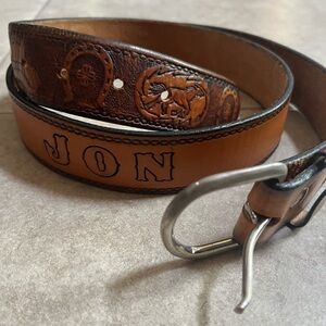 Mens Cowboy Western Horseshoe Tooled Genuine Leather Customized JON Brown Belt